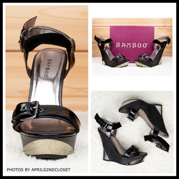 BLACK PLATFORM WEDGE ANKLE STRAP HEELS SANDALS A3C - Picture 4 of 16